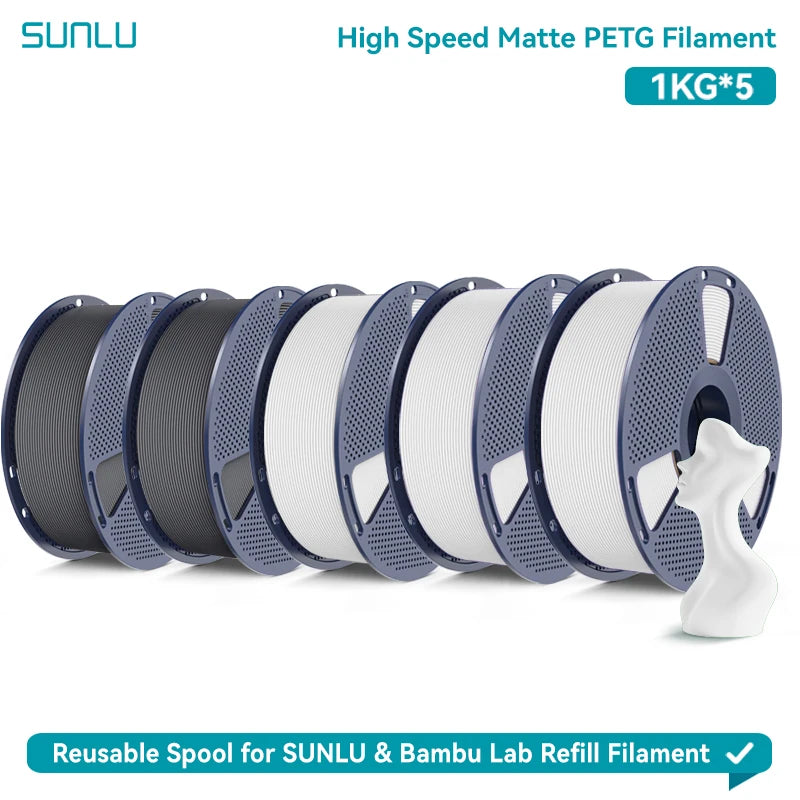 SUNLU High Speed Matte PETG 3D Filament 1.75mm High Strength 600mm/s Fast Print Matte Surface 5*1KG Spool 3D Printing Materials