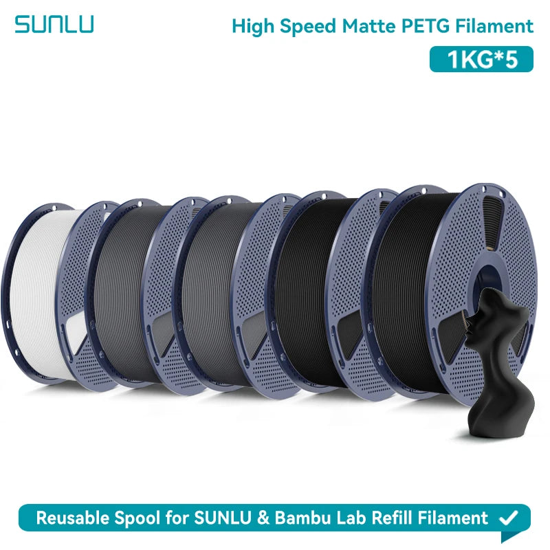 SUNLU High Speed Matte PETG 3D Filament 1.75mm High Strength 600mm/s Fast Print Matte Surface 5*1KG Spool 3D Printing Materials