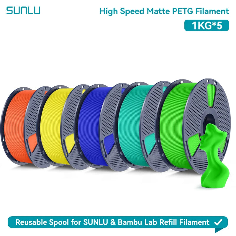SUNLU High Speed Matte PETG 3D Filament 1.75mm High Strength 600mm/s Fast Print Matte Surface 5*1KG Spool 3D Printing Materials
