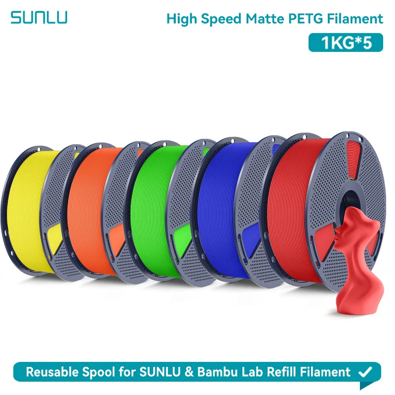 SUNLU High Speed Matte PETG 3D Filament 1.75mm High Strength 600mm/s Fast Print Matte Surface 5*1KG Spool 3D Printing Materials