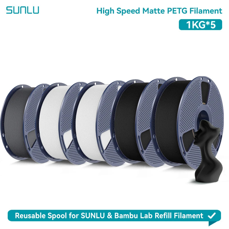 SUNLU High Speed Matte PETG 3D Filament 1.75mm High Strength 600mm/s Fast Print Matte Surface 5*1KG Spool 3D Printing Materials