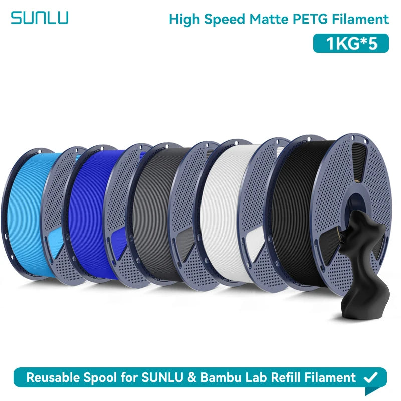 SUNLU High Speed Matte PETG 3D Filament 1.75mm High Strength 600mm/s Fast Print Matte Surface 5*1KG Spool 3D Printing Materials
