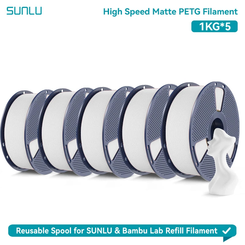 SUNLU High Speed Matte PETG 3D Filament 1.75mm High Strength 600mm/s Fast Print Matte Surface 5*1KG Spool 3D Printing Materials