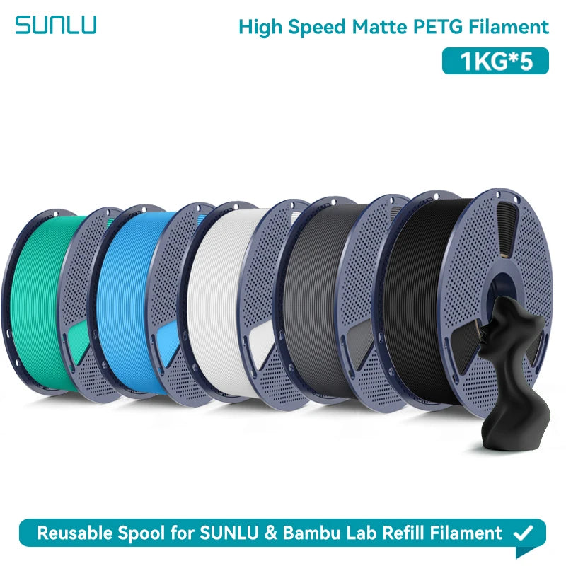 SUNLU High Speed Matte PETG 3D Filament 1.75mm High Strength 600mm/s Fast Print Matte Surface 5*1KG Spool 3D Printing Materials