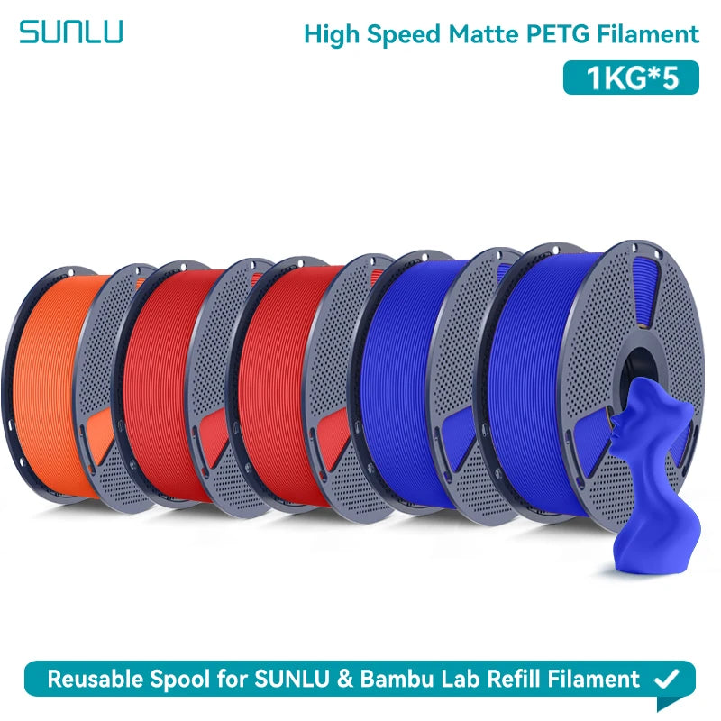 SUNLU High Speed Matte PETG 3D Filament 1.75mm High Strength 600mm/s Fast Print Matte Surface 5*1KG Spool 3D Printing Materials