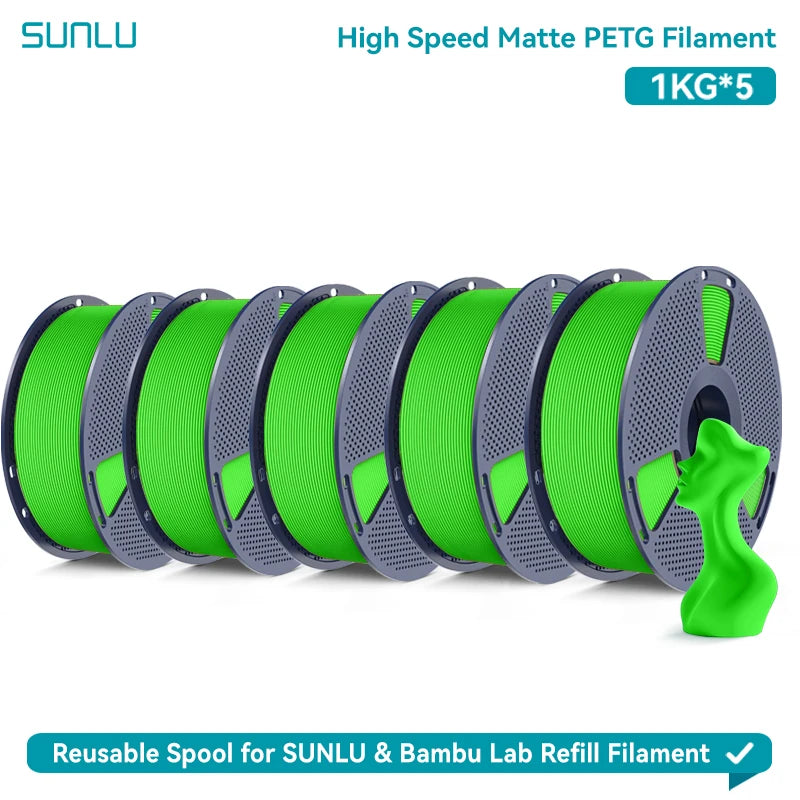 SUNLU High Speed Matte PETG 3D Filament 1.75mm High Strength 600mm/s Fast Print Matte Surface 5*1KG Spool 3D Printing Materials