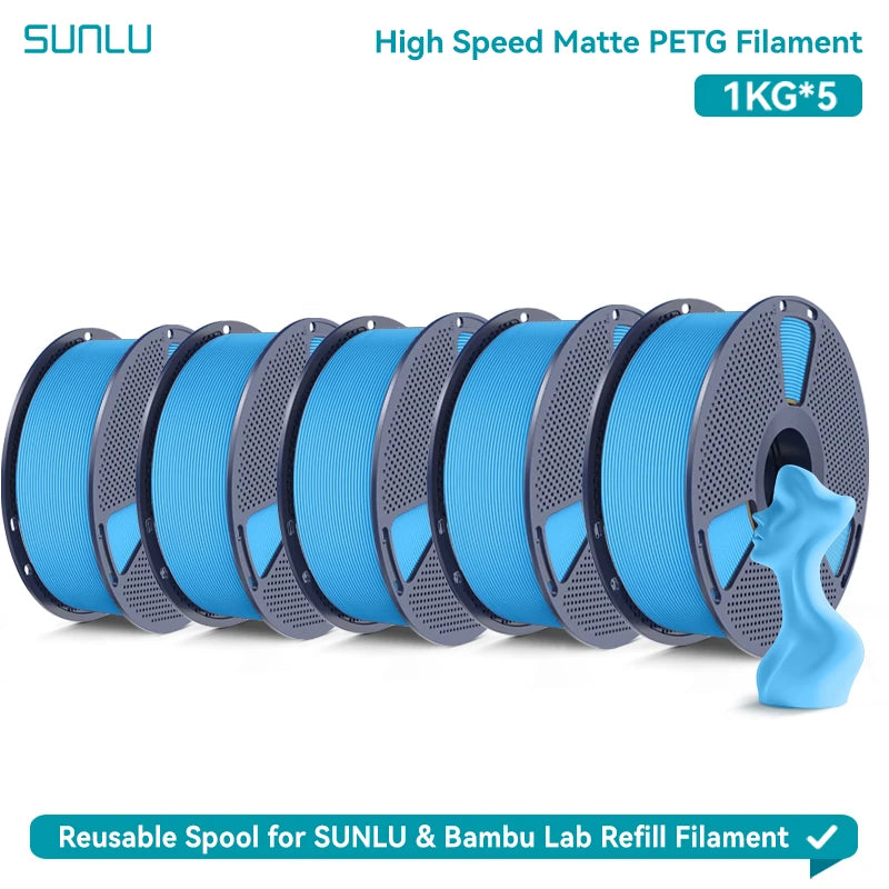 SUNLU High Speed Matte PETG 3D Filament 1.75mm High Strength 600mm/s Fast Print Matte Surface 5*1KG Spool 3D Printing Materials