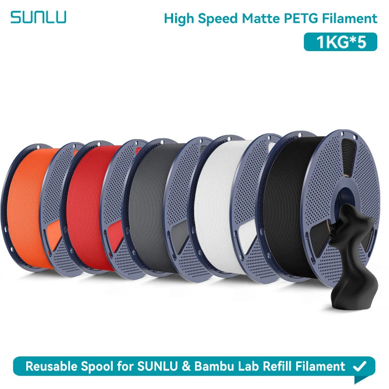 SUNLU High Speed Matte PETG 3D Filament 1.75mm High Strength 600mm/s Fast Print Matte Surface 5*1KG Spool 3D Printing Materials
