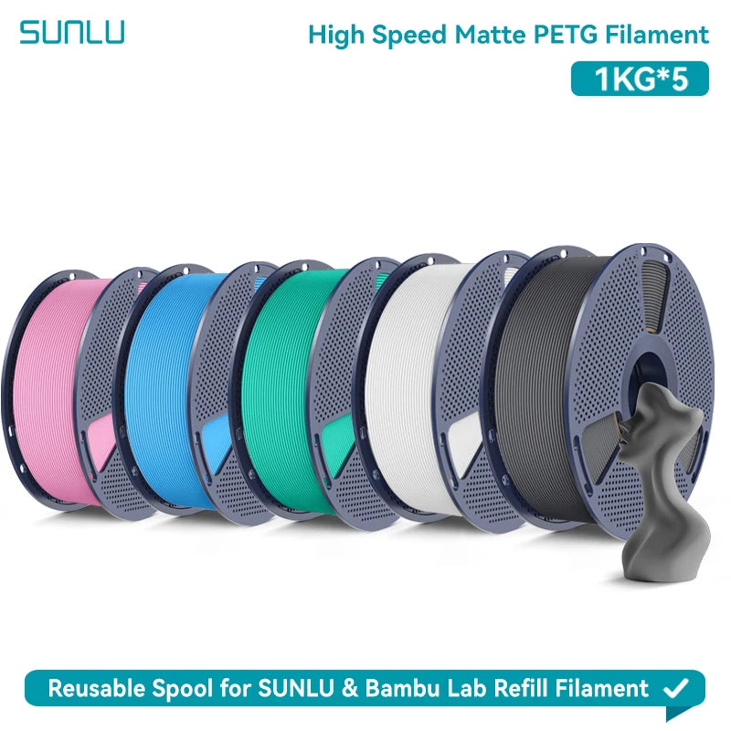 SUNLU High Speed Matte PETG 3D Filament 1.75mm High Strength 600mm/s Fast Print Matte Surface 5*1KG Spool 3D Printing Materials