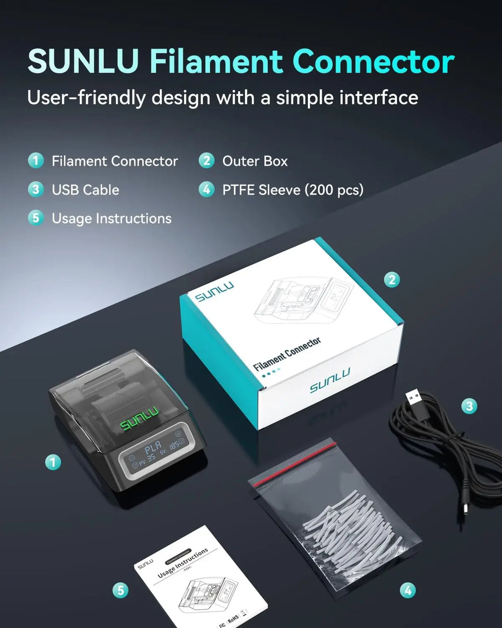 SUNLU FC01 Filament Connector Fast Heating 3D Print Filament 1.75mm For PLA PETG PCL ABS PA PC Recycled Filament Tails Multiple From US Local