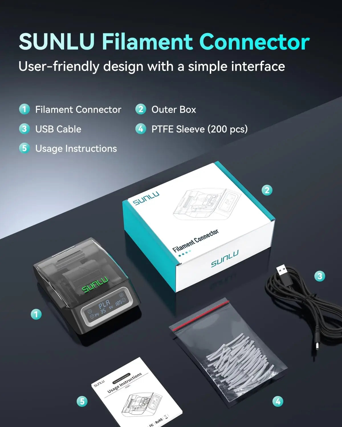 SUNLU FC01 Filament Connector Fast Heating 3D Print Filament 1.75mm For PLA PETG PCL ABS PA PC Recycled Filament Tails Multiple From US Local