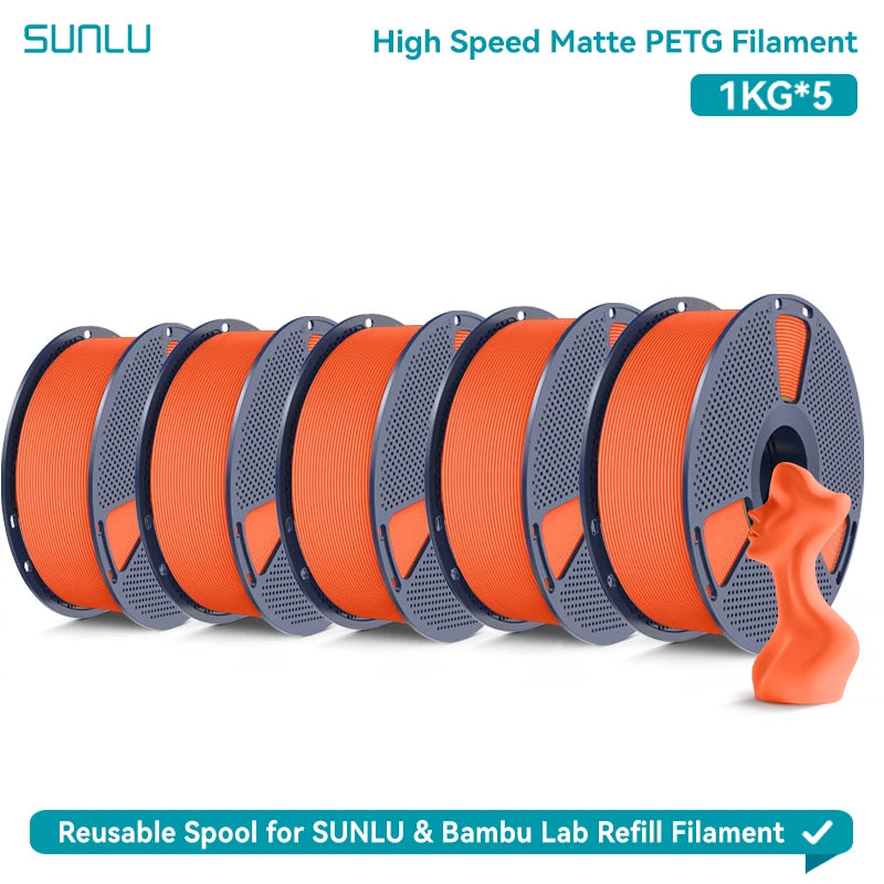 SUNLU High Speed Matte PETG 3D Filament 1.75mm High Strength 600mm/s Fast Print Matte Surface 5*1KG Spool 3D Printing Materials