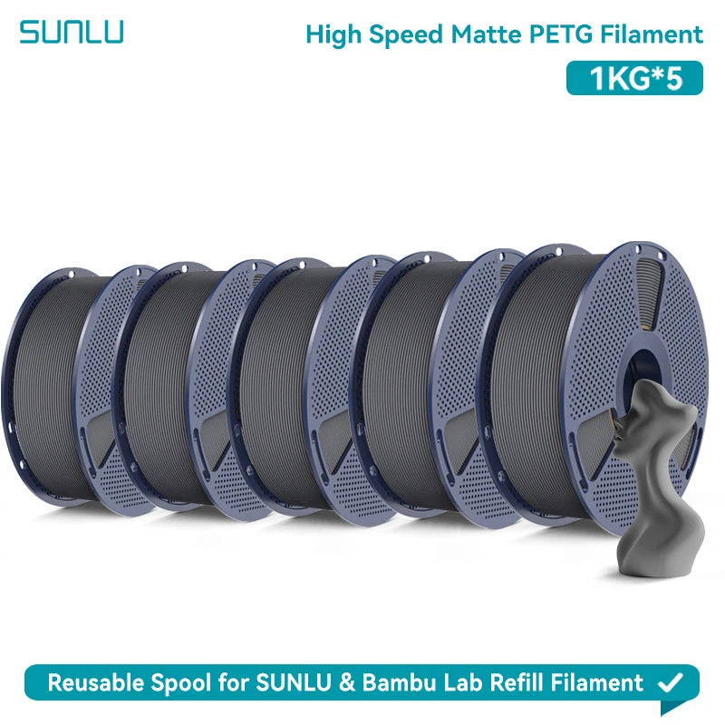 SUNLU High Speed Matte PETG 3D Filament 1.75mm High Strength 600mm/s Fast Print Matte Surface 5*1KG Spool 3D Printing Materials