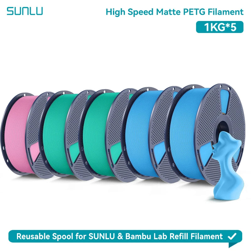 SUNLU High Speed Matte PETG 3D Filament 1.75mm High Strength 600mm/s Fast Print Matte Surface 5*1KG Spool 3D Printing Materials