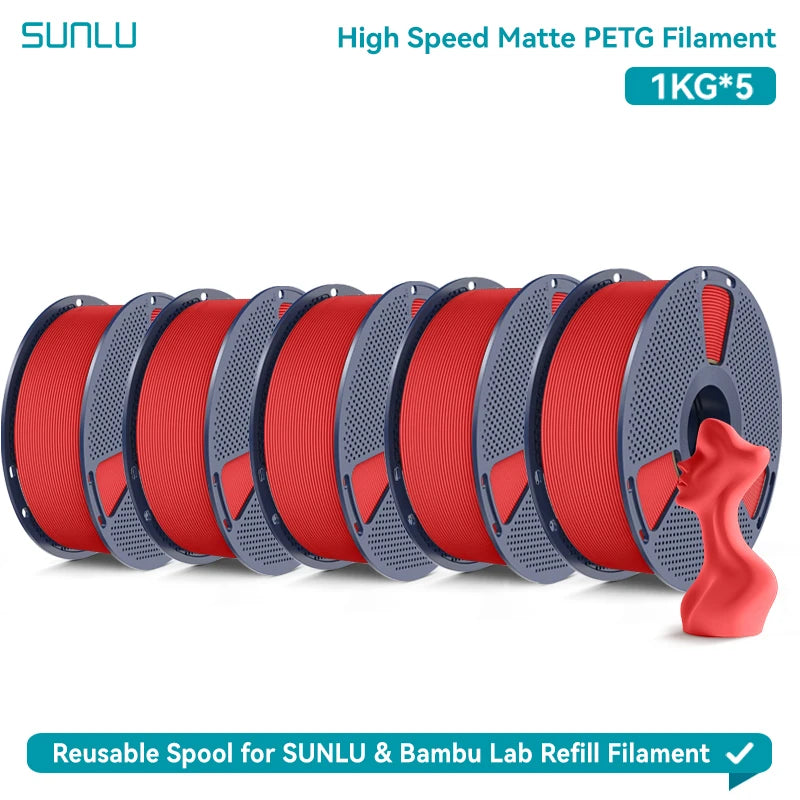 SUNLU High Speed Matte PETG 3D Filament 1.75mm High Strength 600mm/s Fast Print Matte Surface 5*1KG Spool 3D Printing Materials