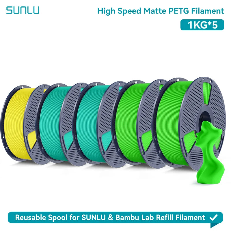 SUNLU High Speed Matte PETG 3D Filament 1.75mm High Strength 600mm/s Fast Print Matte Surface 5*1KG Spool 3D Printing Materials