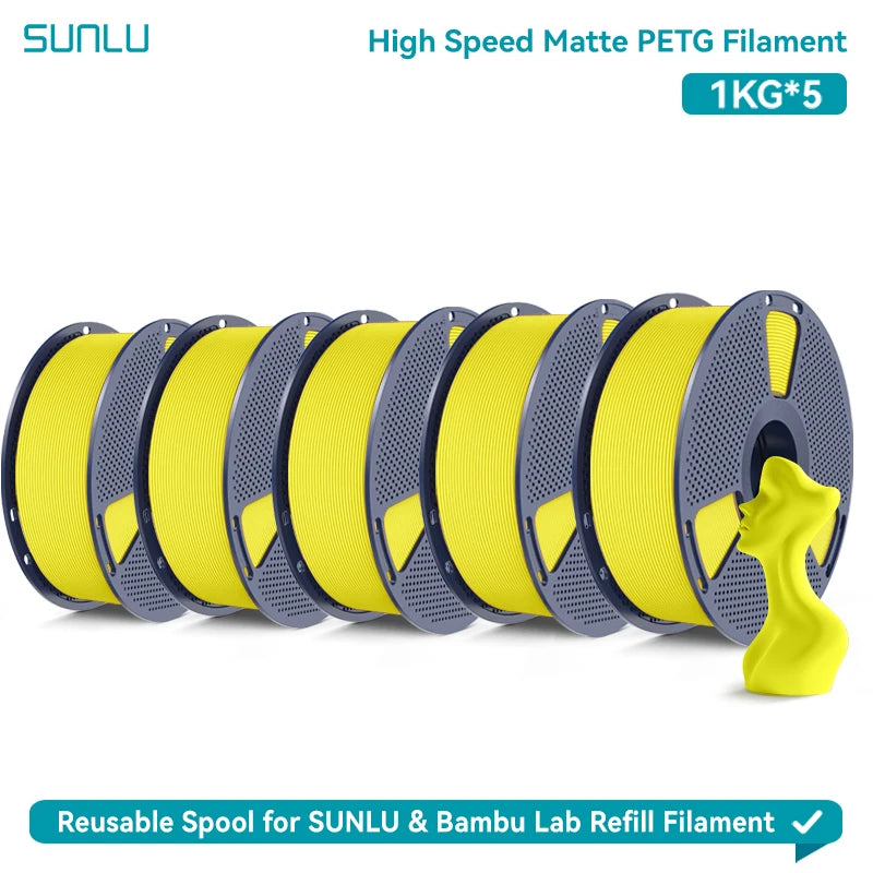 SUNLU High Speed Matte PETG 3D Filament 1.75mm High Strength 600mm/s Fast Print Matte Surface 5*1KG Spool 3D Printing Materials