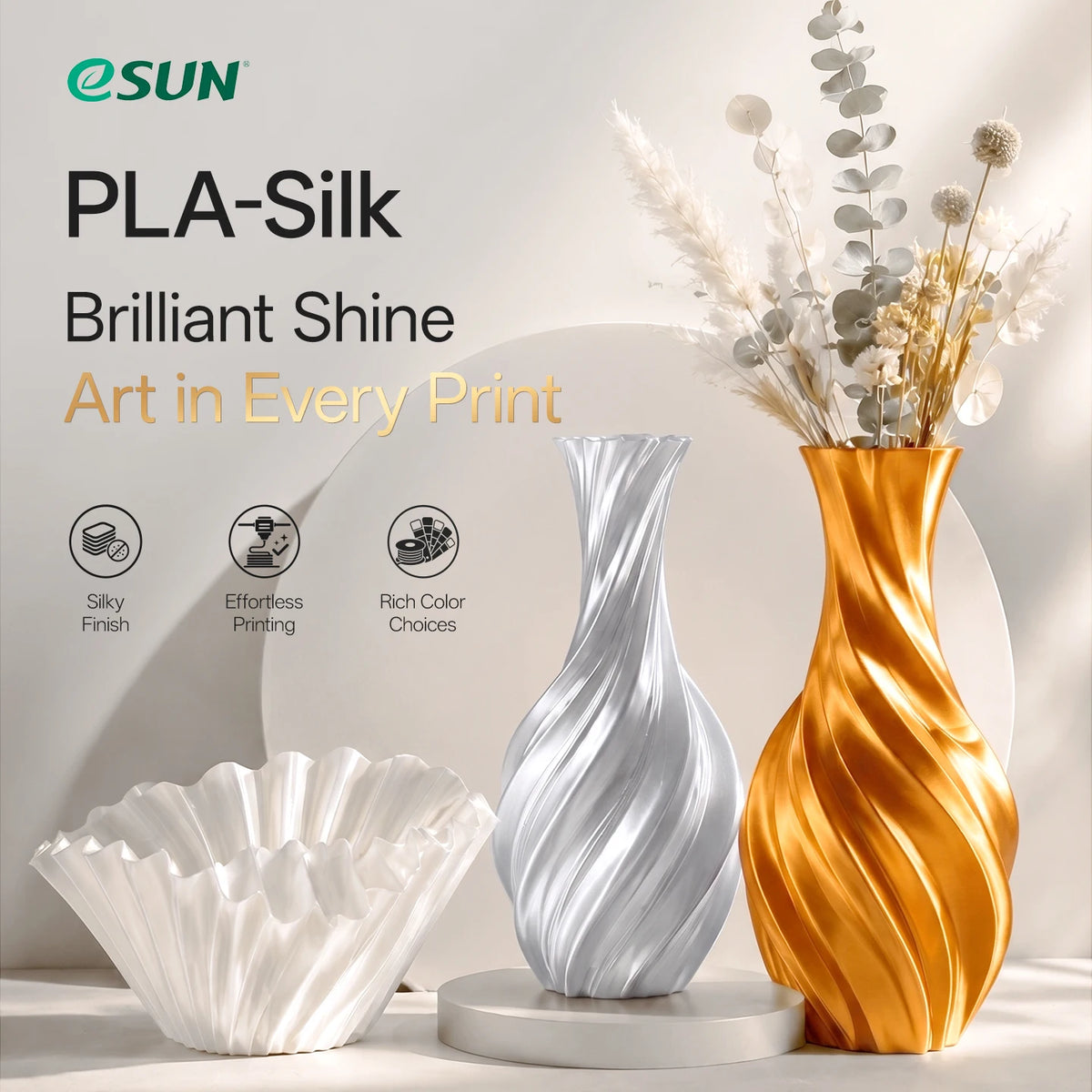 ESUN Silk PLA Filament 1.75mm Silk PLA 3D Printer Filament 1KG (2.2 LBS) Spool 3D Materials for 3D Printers DIY Artwork Printing