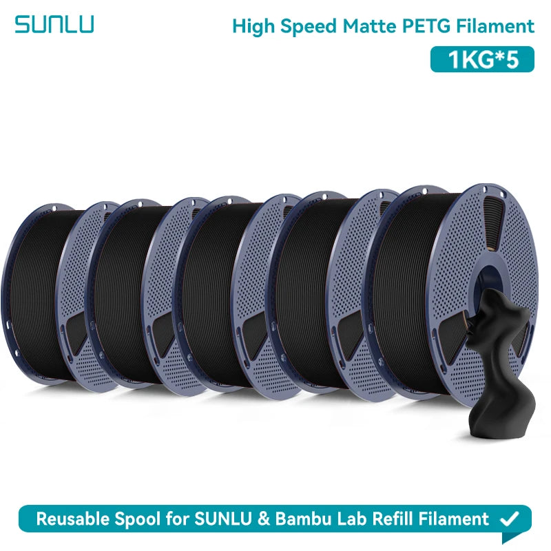 SUNLU High Speed Matte PETG 3D Filament 1.75mm High Strength 600mm/s Fast Print Matte Surface 5*1KG Spool 3D Printing Materials