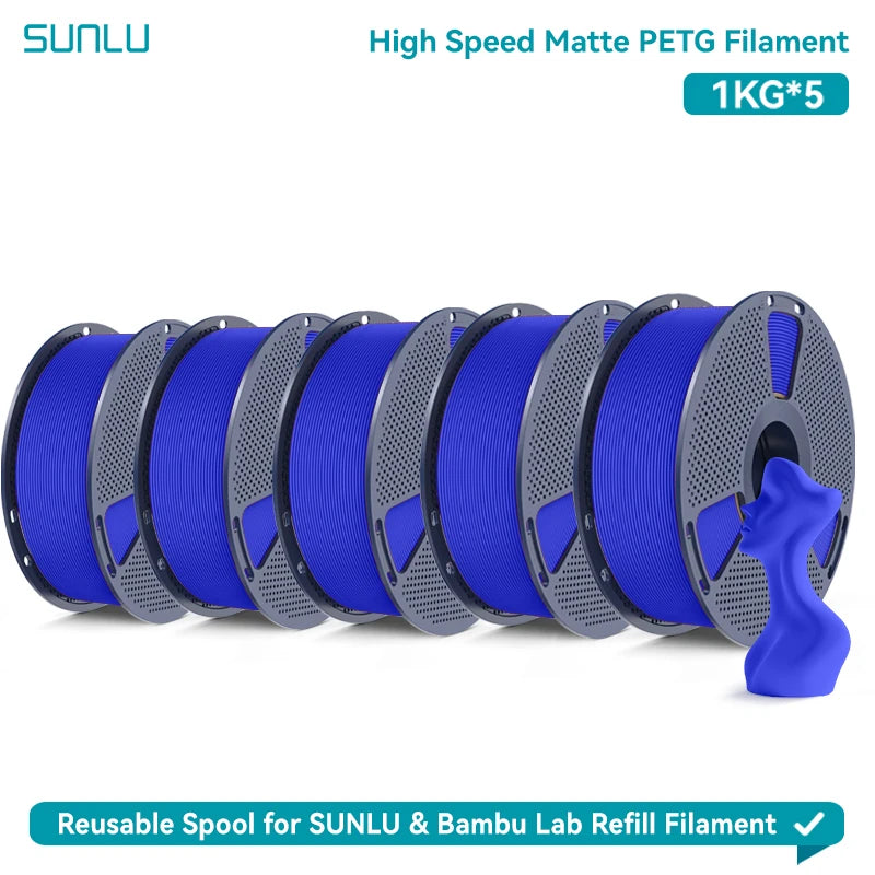 SUNLU High Speed Matte PETG 3D Filament 1.75mm High Strength 600mm/s Fast Print Matte Surface 5*1KG Spool 3D Printing Materials