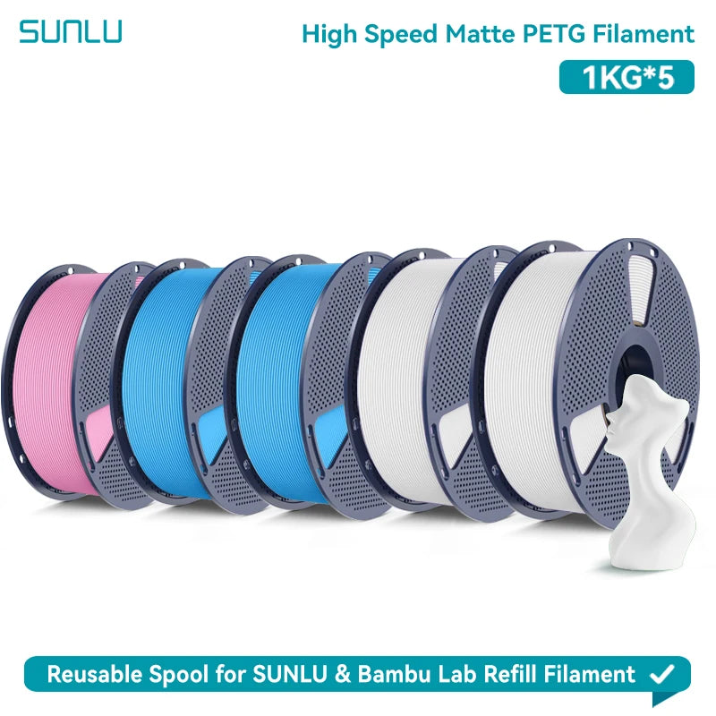 SUNLU High Speed Matte PETG 3D Filament 1.75mm High Strength 600mm/s Fast Print Matte Surface 5*1KG Spool 3D Printing Materials