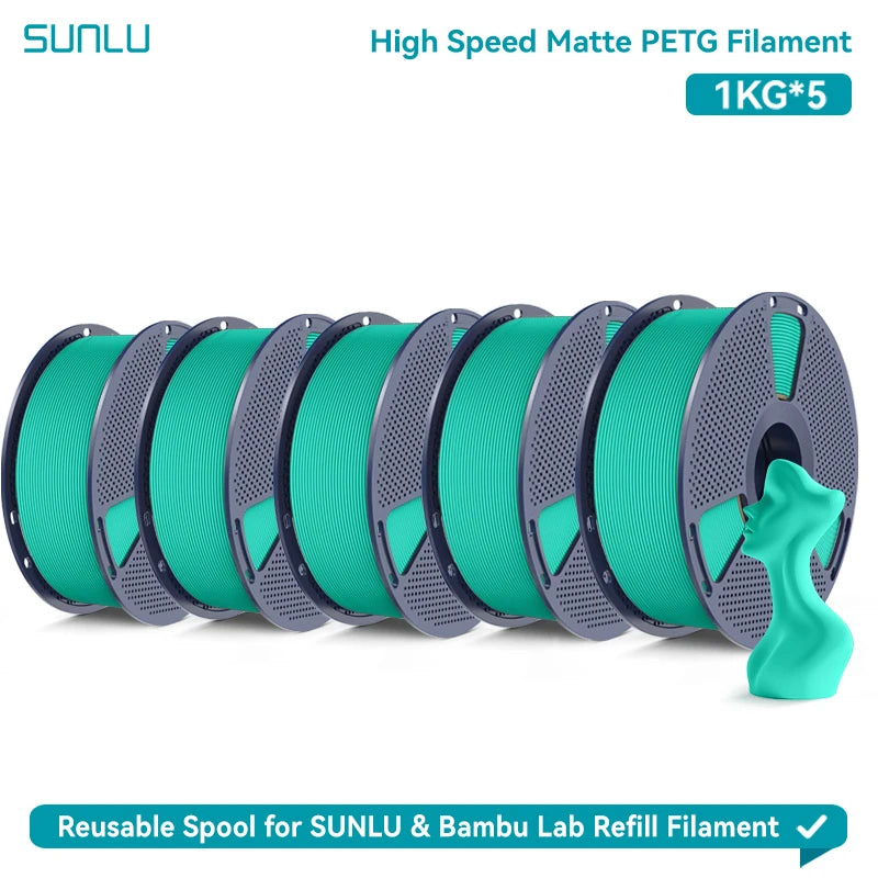 SUNLU High Speed Matte PETG 3D Filament 1.75mm High Strength 600mm/s Fast Print Matte Surface 5*1KG Spool 3D Printing Materials