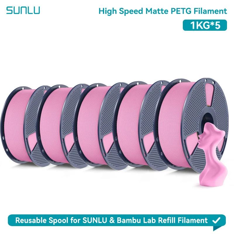 SUNLU High Speed Matte PETG 3D Filament 1.75mm High Strength 600mm/s Fast Print Matte Surface 5*1KG Spool 3D Printing Materials