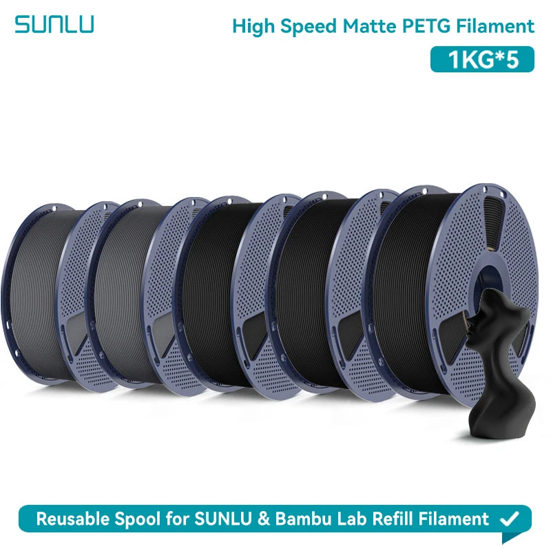 SUNLU High Speed Matte PETG 3D Filament 1.75mm High Strength 600mm/s Fast Print Matte Surface 5*1KG Spool 3D Printing Materials