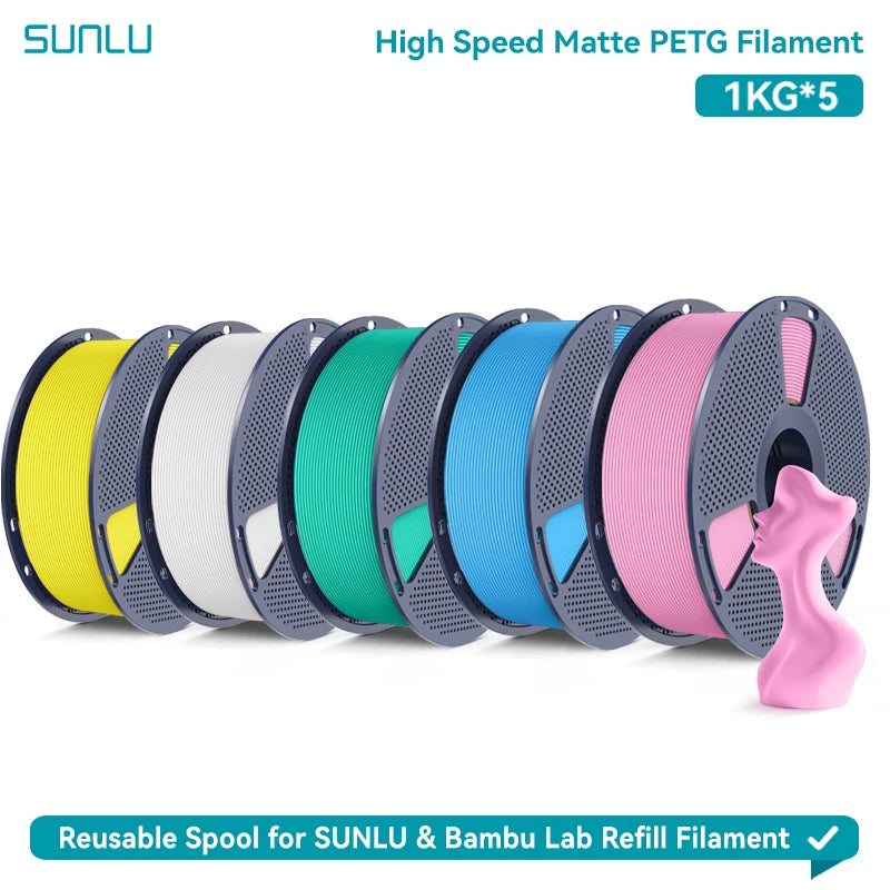SUNLU High Speed Matte PETG 3D Filament 1.75mm High Strength 600mm/s Fast Print Matte Surface 5*1KG Spool 3D Printing Materials