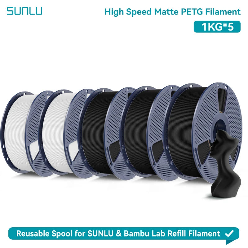 SUNLU High Speed Matte PETG 3D Filament 1.75mm High Strength 600mm/s Fast Print Matte Surface 5*1KG Spool 3D Printing Materials