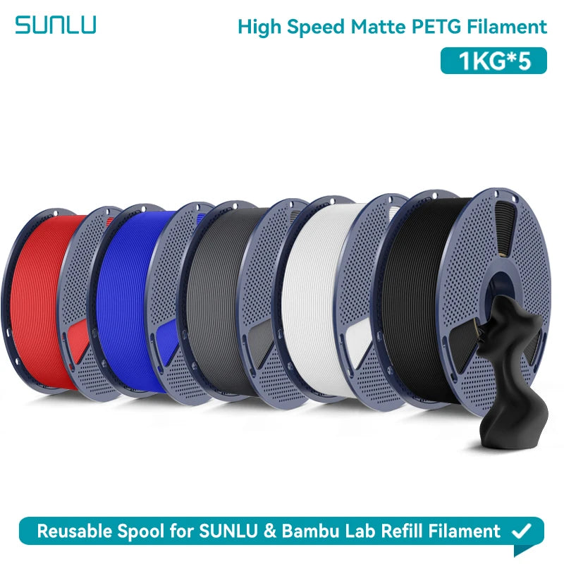 SUNLU High Speed Matte PETG 3D Filament 1.75mm High Strength 600mm/s Fast Print Matte Surface 5*1KG Spool 3D Printing Materials
