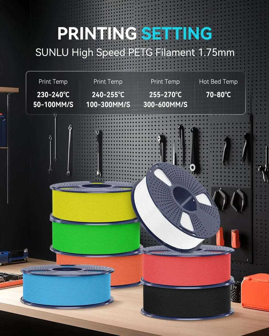 SUNLU High Speed Matte PETG 3D Filament 1.75mm High Strength 600mm/s Fast Print Matte Surface 5*1KG Spool 3D Printing Materials